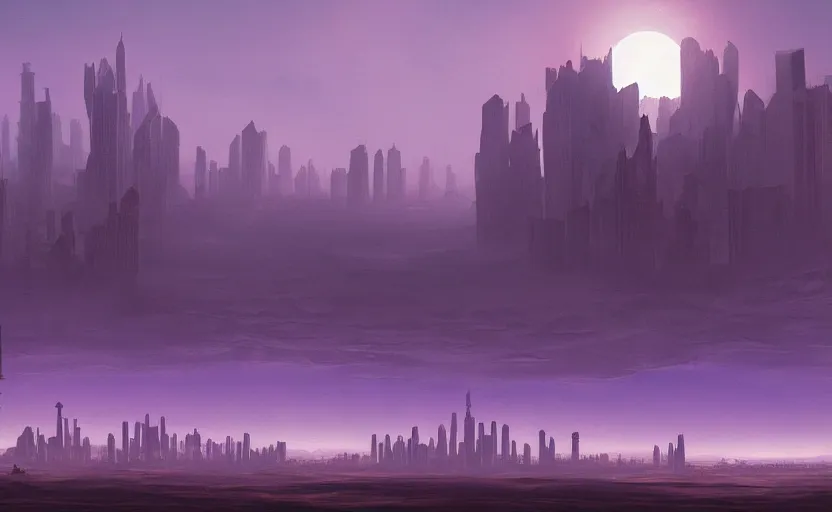 Image similar to matte painting of a desert landscape, science fiction art, city in the skyline, two suns, gloomy, fog, elaborate, detailed digital art, trending in artstation, purple color lighting