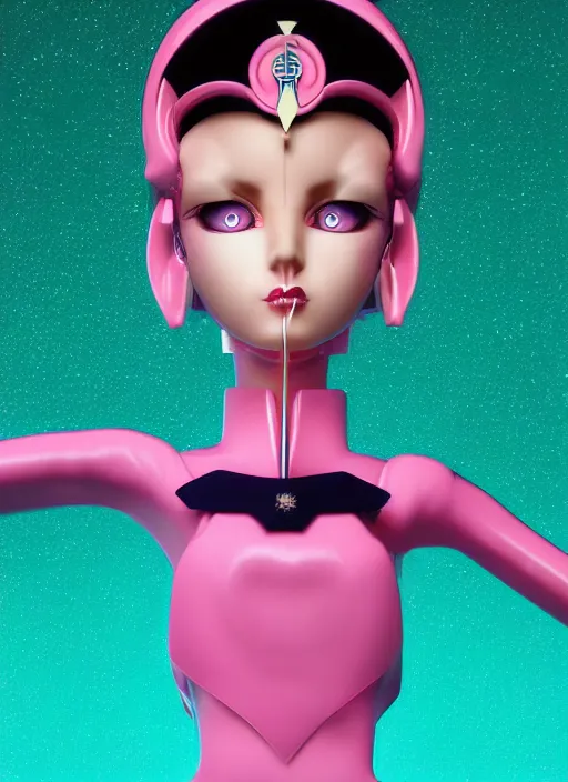 Image similar to symmetry!! portrait of a sailor moon, futuristic, dark, highly detailed, 8 0 - s style colors, sharp focus, octane render, vinyl design toy, realistic photo, studio green light on pink background