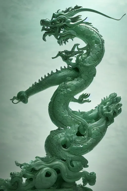 Image similar to a chinese dragon carved from translucent jade, dynamic pose standing on a marble pedestal, intricate details, intricate textures, warm lighting, vivid colors, smoke and mist, realistic octane render, hyper realistic render, volumetric shading, depth of field, raytracing, 8 k,