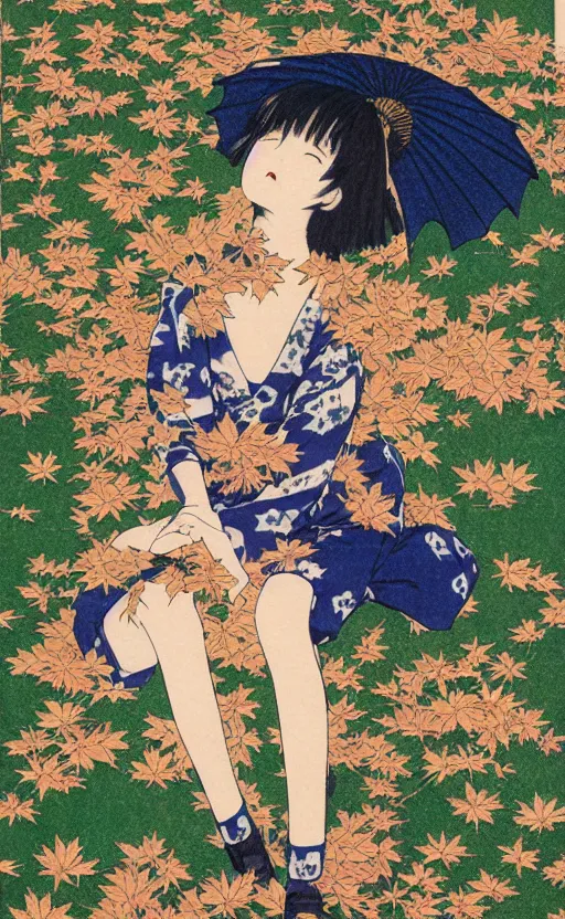 Prompt: by akio watanabe, manga art, a sit girl looking at the falling maple leafs in grass, fall season, trading card front, kimono, realistic anatomy