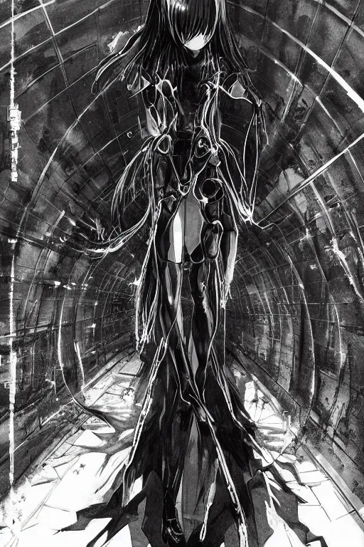 Prompt: beautiful coherent award-winning manga cover art of a mysterious lonely anime woman wearing a plugsuit and traversing an endless concrete hallway, painted by tsutomu nihei