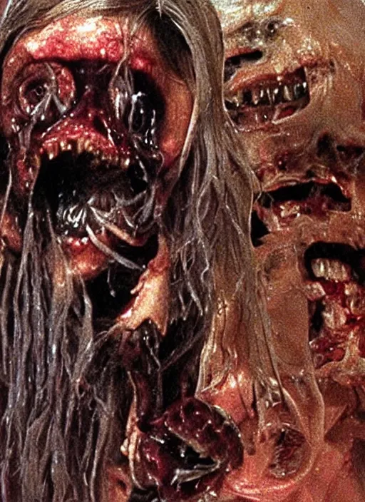 Image similar to horror practical fx of an a dismembered a teratoma with crooked teeth realizing that he is a sentient being in the middle of a room by dario argento and david cronenberg 1 9 7 0 creepshow