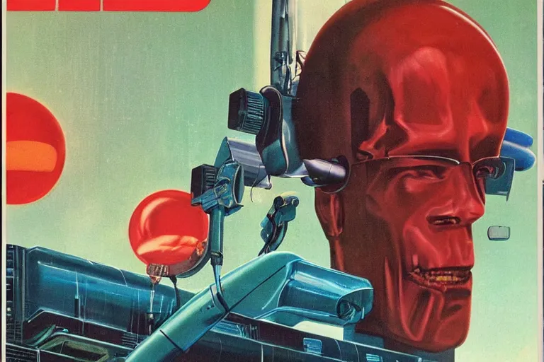 Image similar to 1979 OMNI Magazine Cover of a dental technician. in cyberpunk style by Vincent Di Fate