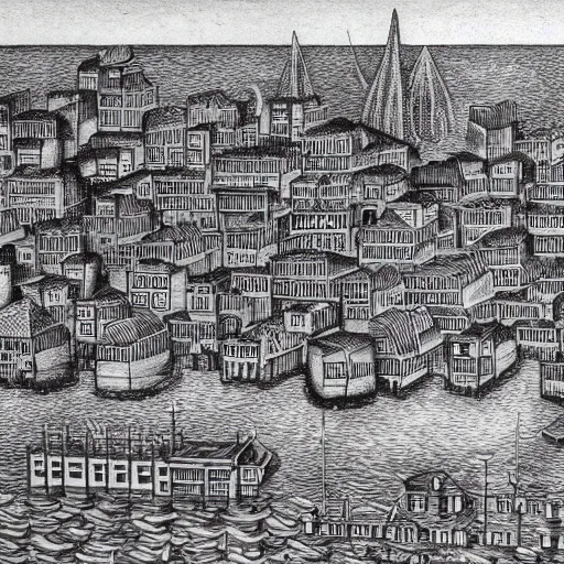 Image similar to a city by the river, drawing by m. c. escher