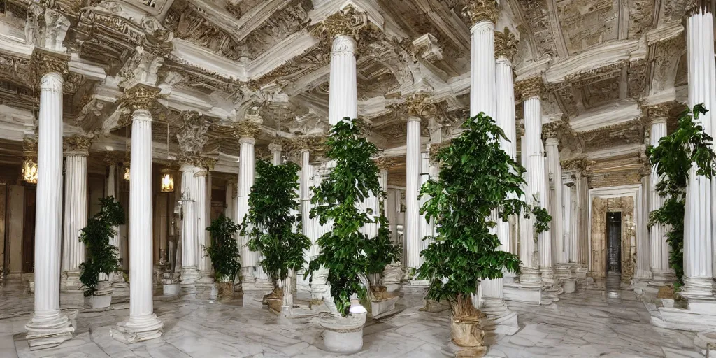 Image similar to grand roman palace, palatial, lush potted vegetation, painted statues, white columns