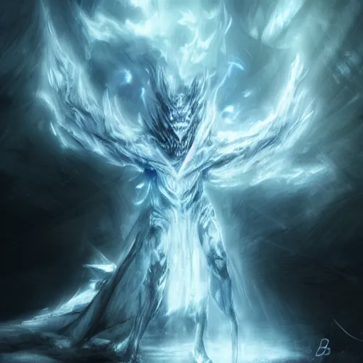 Image similar to a sketch of a humanoid glowing eyes white dragon, wearing a white wizard robe, by melmoth zdzislaw belsinki craig mullins yoji shinkawa, blue light, very realistic render, anime, paint smears digital art, realistic anime, dramatic lighting, blue light, dark blue highlights, d & d design, holding a sword made out of light