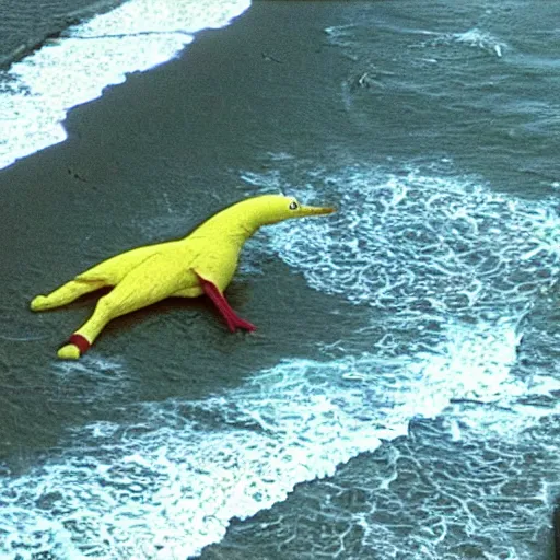 Prompt: cnn news footage of big bird being washed up on shore, view from above, tv