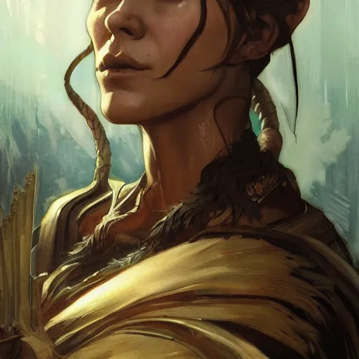 Prompt: A portrait of the Khajit from Skyrim, Magic the Gathering art, art by greg rutkowski and alphonse mucha, highly detailed, digital painting, matte painting, concept art, illustration, oppressive lighting, trending on artstation, very detailed