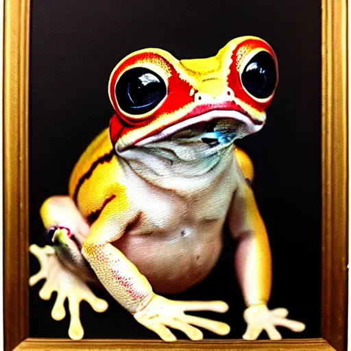 Image similar to a head and shoulders portrait painting of an anthropomorphic! amazon milk frog wearing a colonial outfit without a hat looking off camera, a character portrait, american romanticism, oil on canvas, soft focus