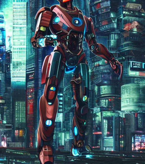 Prompt: full body highly - detailed cyberpunk ironman by takeshi obata and yusuke murata, colored by udon comics, trending artstation and cgsociety, beautiful face, volumetric lighting, rule of thirds, unreal engine, centered subject, octane render, pencil and ink, city in the background, dark colors, intricate details, sharp face, boxing gloves