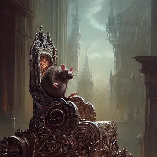 Image similar to rat overlord sitting on throne with hundreds of humans wordhipping, ssci - fi and fantasy, intricate and very very beautiful and elegant, highly detailed, digital painting, artstation, concept art, smooth and sharp focus, illustration, art by greg rutkowski