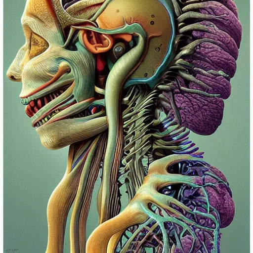 Image similar to nightmare etherreal iridescent vascular nerve bundles pearlescent spinal chord horror by Naoto Hattori, Zdzislaw, Norman Rockwell, Studio Ghibli, Anatomical cutaway