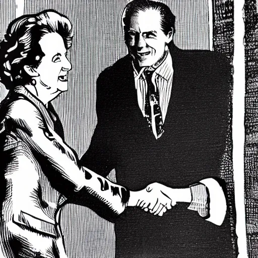 Image similar to Margaret Thatcher shaking hands with Satan in the depths of hell, ultra detailed, ultra intricate, cinematic, 8k,