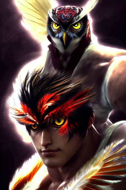 Image similar to Tekken 4 fighter anime Stunning Portrait Robot Owl with feathers, versus Kazuya Mishima, digital painting, artstation, concept art, soft light, hdri, smooth, sharp focus, illustration, art by tian zi, craig mullins, Mark Arian, WLOP, alphonse mucha