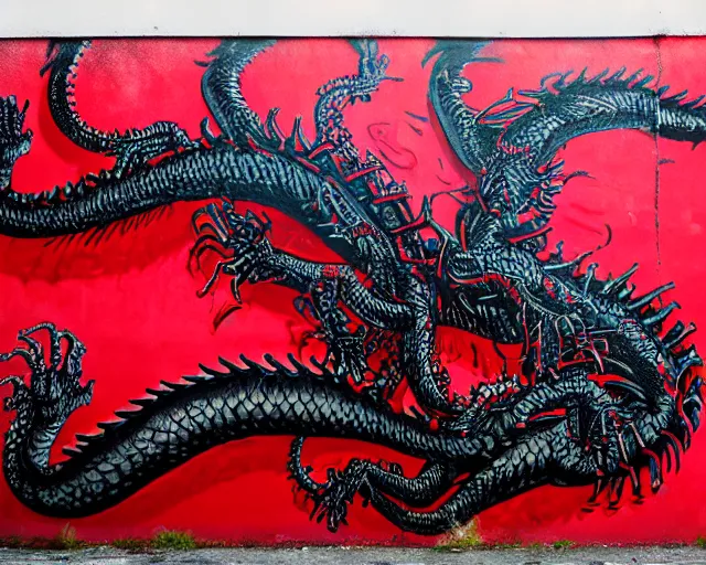 Prompt: 16k photorealistic image of a wall that has some lovecraftian graffiti on it inspired by wretched dragon rib cage. lovecraftian graffiti in red and black colors. the art is cursed and ecrusted with jewels.