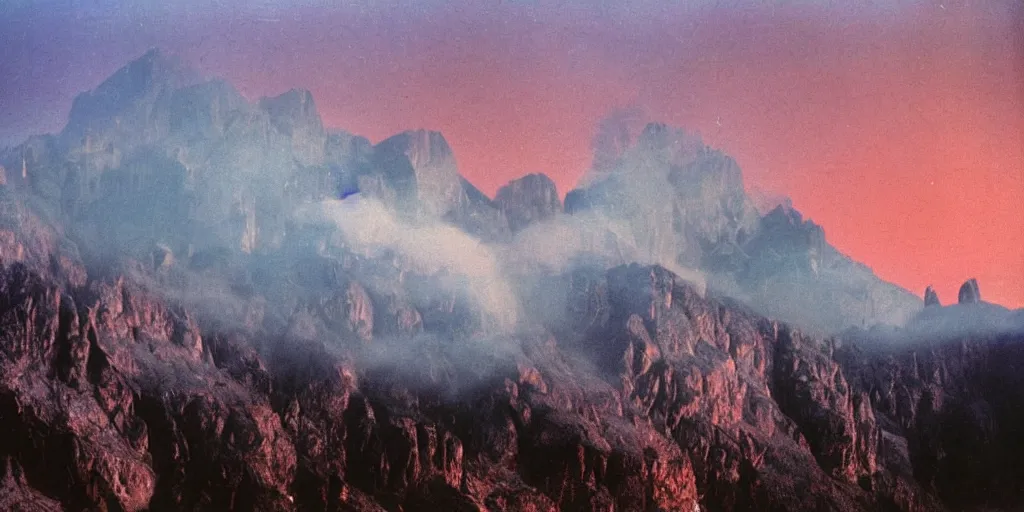 Prompt: 1 9 2 0 s color spirit photography 9 1 1 1 2 1 of alpine red sunrise in the dolomites, smoke from mountains, smoke, by william hope, beautiful, dreamy, grainy