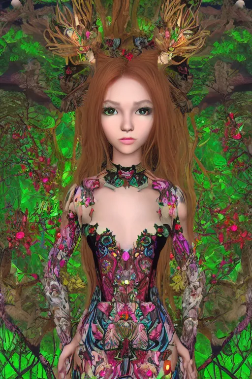 Prompt: beautiful female forest spirit wearing ornate floral cybernetic hungarian valentino resort dress in a lofi 3 d psx rpg style, esoteric magical alien meadow ritual environment, fashion gameplay screenshot portrait, highly detailed, atelier, xenogears