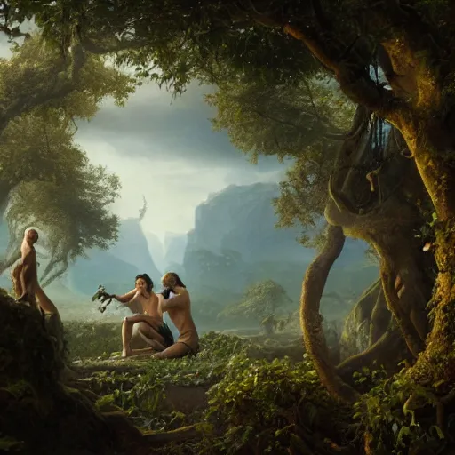 Image similar to God angy in the Garden of Eden. Adam and Eve look very guilty and the snake is leaving the scene quietly - Matte painting , detailed painting, made by Greg Rutkowski, 4k resolution, atmospheric, breathtaking