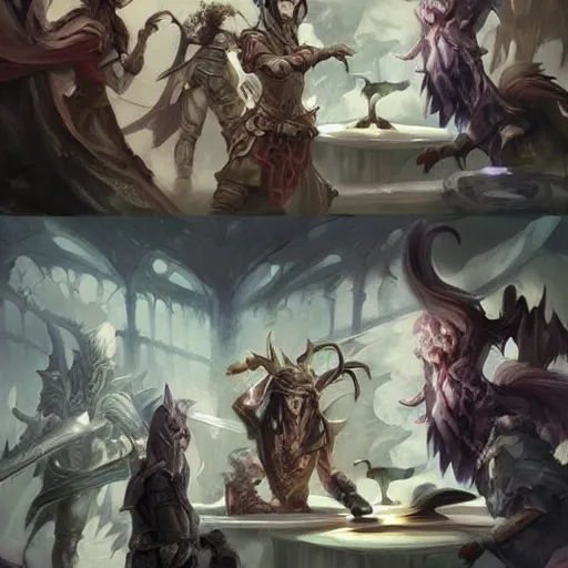 Image similar to dungeons and dragons fantasy painting, chaos and conflict, finger pointing and angry gestures, allies who long spoke in one voice now squabble over petty differences leaders in different styles of dress gesturing angrily across a council table, anime inspired by krenz cushart, evening lighting, by brian froud jessica rossier and greg rutkowski