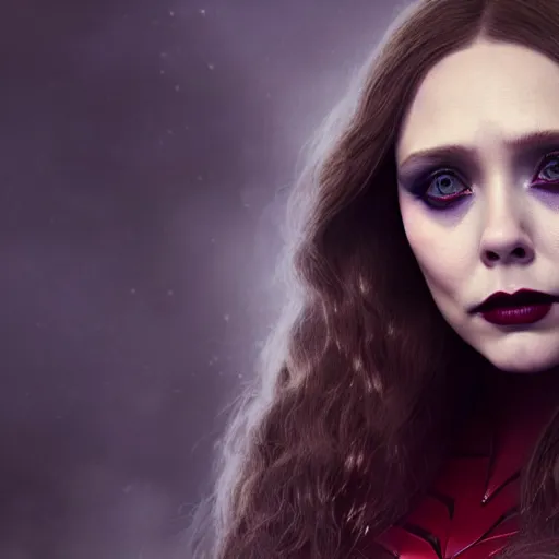 Image similar to Elizabeth Olsen as the Scarlet Witch in gothic attire and gothic makeup, trending on artstation, gloomy atmosphere, photorealistic facial features, 4k, 8k