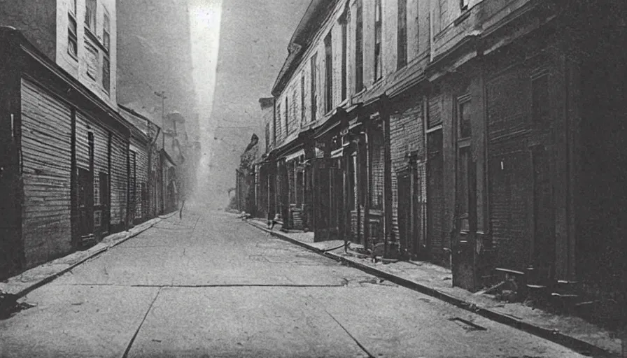 Image similar to photo of 19th century dark noir streets of Arkham by Diane Arbus and Louis Daguerre