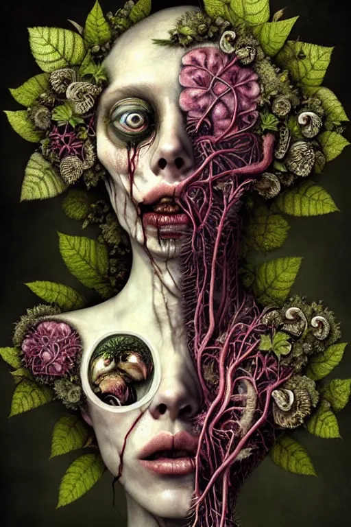 Image similar to sad and detailed rotten woman corpse with fractal plants and fractal flowers and mushrooms growing around, face muscles, veins, arteries, intricate, ornate, surreal, ray caesar, john constable, guy denning, dan hillier