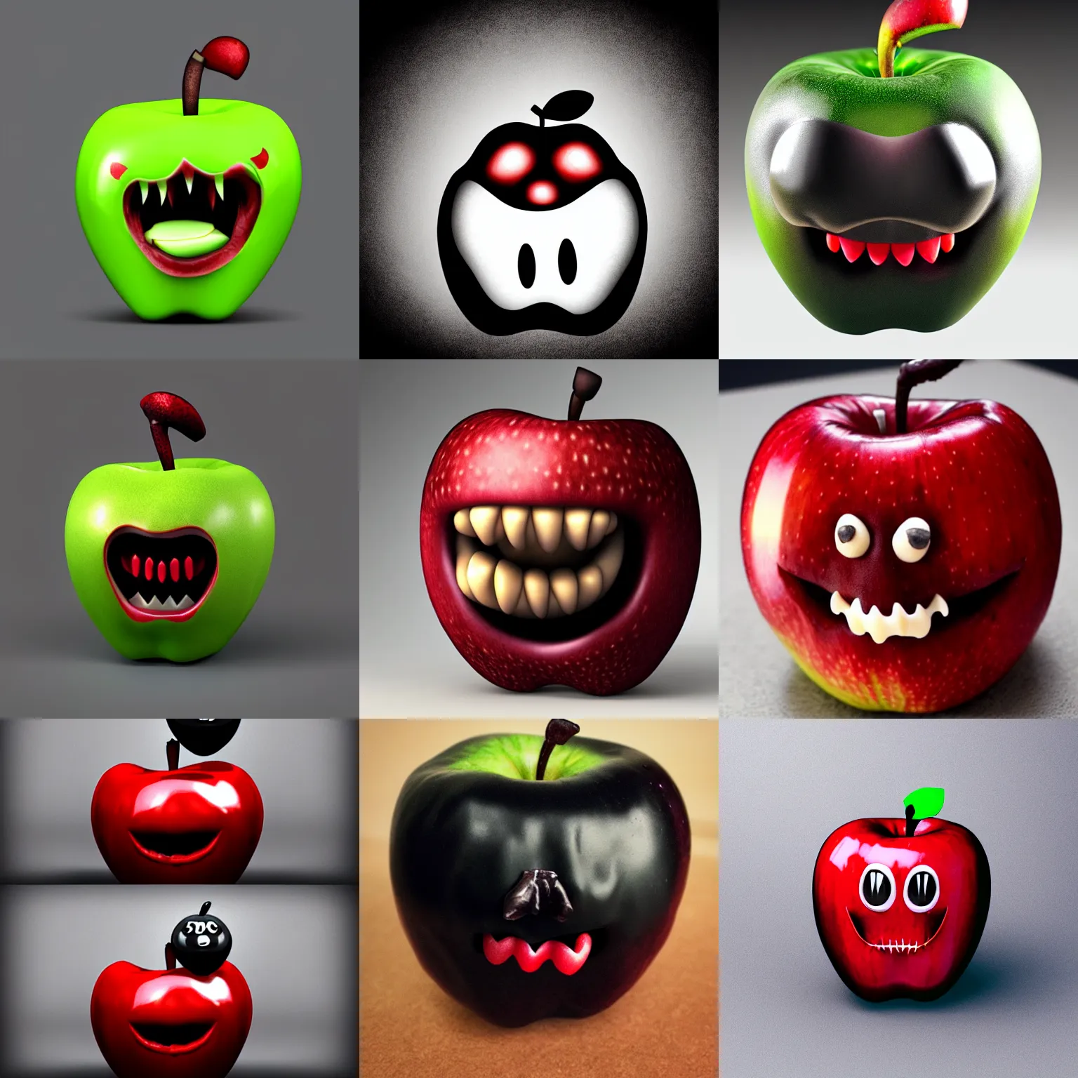 Prompt: realistic dark creepy apple with a mouth full of fangs