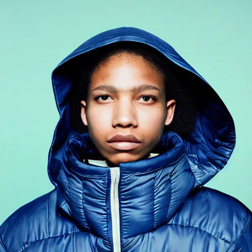 Image similar to realistic! photoshoot for a new balenciaga lookbook, color film photography, portrait of a beautiful woman wearing a puffer jacket, photo in style of tyler mitchell, 35mm