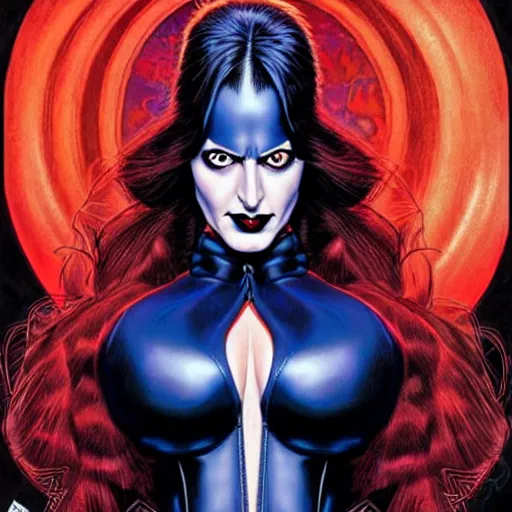 Image similar to Joe Jusko comic art, wide shot, stunning elegant female Eva Green, Indigo Magician, beautiful evil sneer, symmetrical face, symmetrical eyes, leather clothing and boots, long straight red hair, full body, Indigo occult pattern