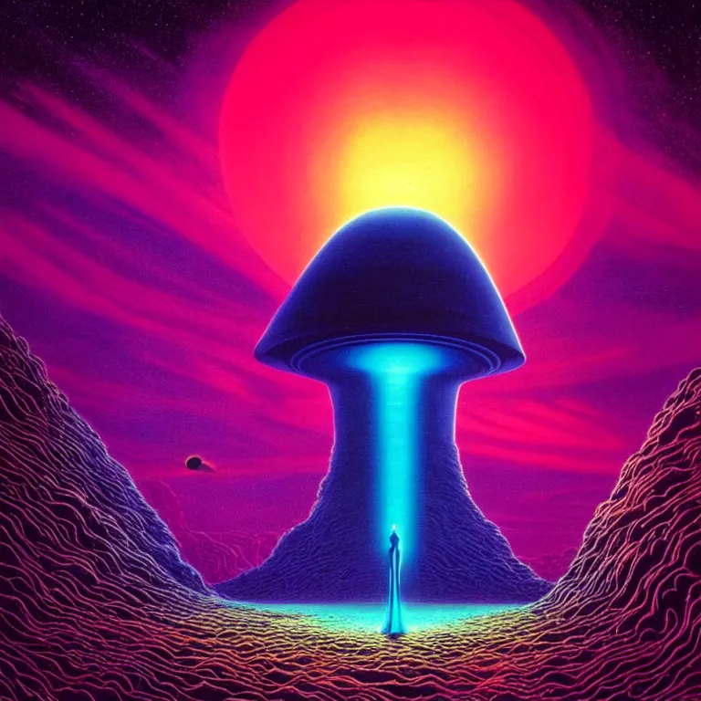 Image similar to mysterious ufo abduction female silhouette, infinite sky, synthwave, fractal waves, bright neon colors, highly detailed, cinematic, tim white, roger dean, michael whelan, caza, bob eggleton, philippe druillet, vladimir kush, kubrick, alfred kelsner, vallejo