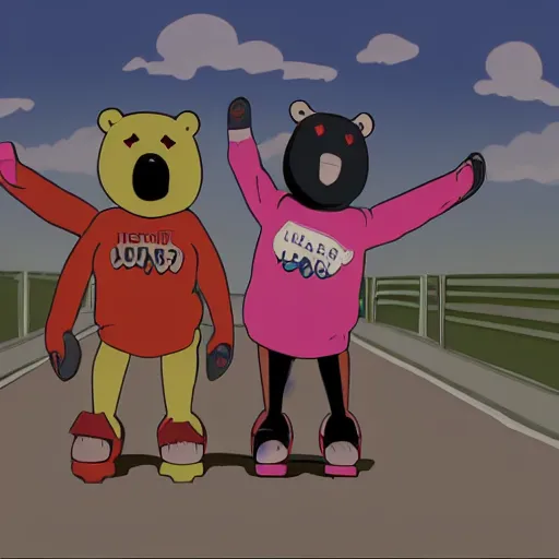 Image similar to happybears!, happy bears! kill union, humanoid bears, bear costumes, happy faces, evil happy faces, rollerblading, rollerskates, cel - shading, four humanoid bears, 2 0 0 1 anime, flcl, golden hour, japanese town, cel - shaded, strong shadows, vivid hues, y 2 k aesthetic