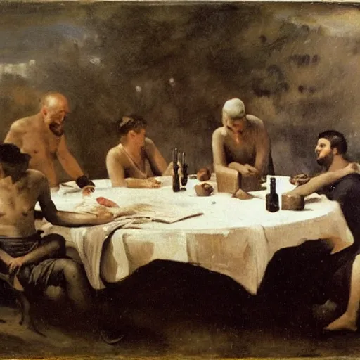 Prompt: by camille corot, by jakub rozalski, by bert hardy van dyke brown, prismatic unified, energetic. a beautiful body art of a group of people standing around a circular table. in the center of the table is a large, open book. the people in the body art are looking at the book with interest & appear to be discussing its contents.