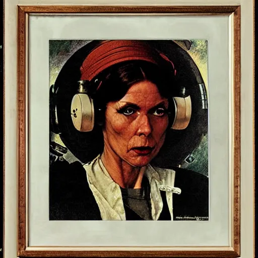 Image similar to Face portrait of a science fiction witch. Painting by Norman Rockwell.
