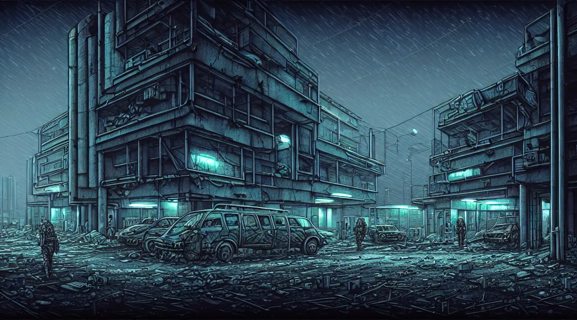 Image similar to post - apocalyptic police station, concrete building, paved roads, by dan mumford, by h. r giger, highly detailed photography, trending on artstation, hyperrealistic, human silhouettes, cyberpunk, environment artist, dystopian, science fiction, synthwave neon retro