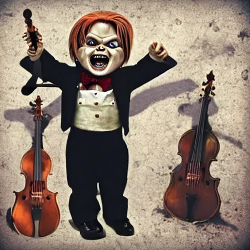 Image similar to handsome and well dressed screaming chucky doll conducting an orchestra