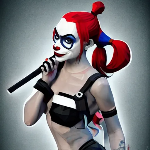 Prompt: digital art, low poly 3d render of Harley Quinn but she's a beautiful young ape-girl with long pony tails on either side of her head, illustration, by James Jean, artgerm, octane render, by John Coltrane and Marc Simonetti, Manic, graffiti, kinemacolor, colorful, high detail of the face, full body