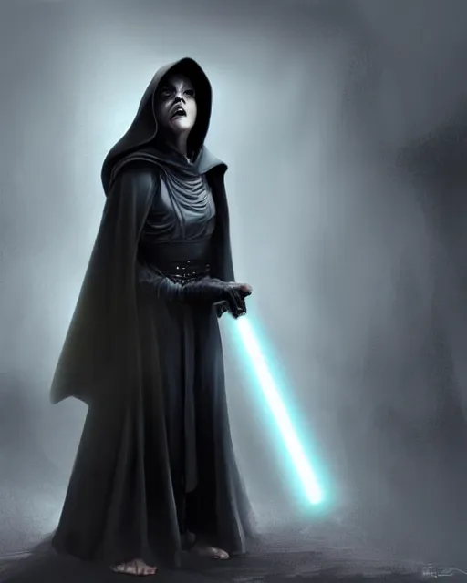 Image similar to half body shot, 1 8 years old dark lord of the sith judy garland wearing a hooded jedi cloak, with long black hair standing in deathstar hallway, rim light, volumetric lighting, digital painting, artstation, concept art, smooth, sharp focus, illustration, art by arney freytag, glamour pose, greg rutkowski, soft ambient lighting, particle effects