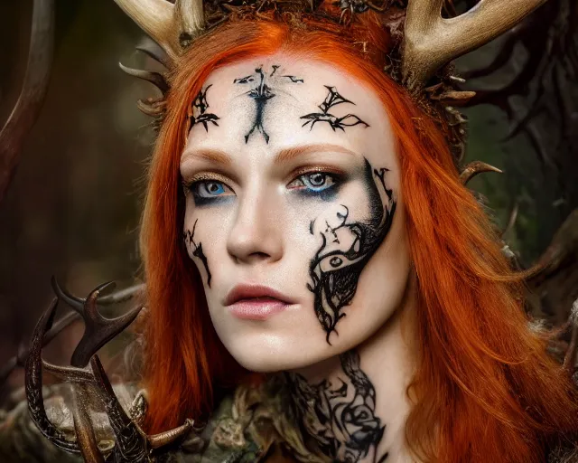 Image similar to 5 5 mm portrait photo of an armored gorgeous anesthetic redhead woman warrior with a face tattoo and antlers growing from her head, in a magical forest in the style of stefan kostic, art by luis royo. highly detailed 8 k. intricate. lifelike. soft light. nikon d 8 5 0. cinematic post - processing