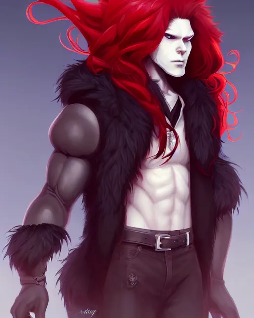 Prompt: character concept art of a black anthropomorphic furry male wolf with long red hair | | cute - fine - face, pretty face, key visual, realistic shaded perfect face, fine details by stanley artgerm lau, wlop, rossdraws, james jean, andrei riabovitchev, marc simonetti, and sakimichan, artstation