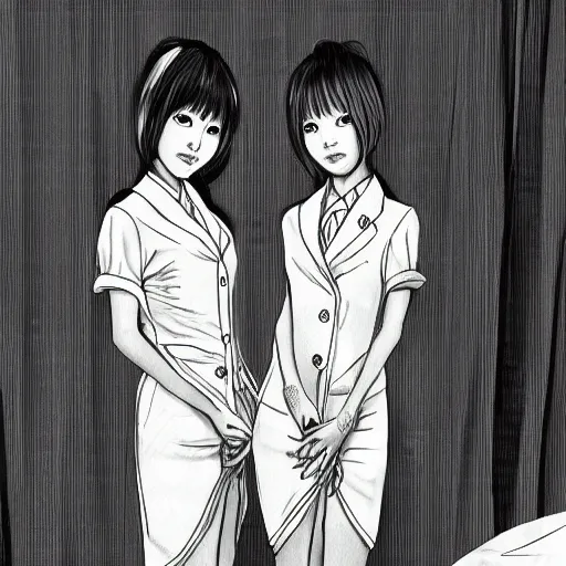 Image similar to a perfect, realistic professional digital sketch of a Japanese schoolgirls posing in a luxury hotel room, style of Marvel, full length, by pen and watercolor, by a professional American senior artist on ArtStation, a high-quality hollywood-style sketch, on high-quality paper