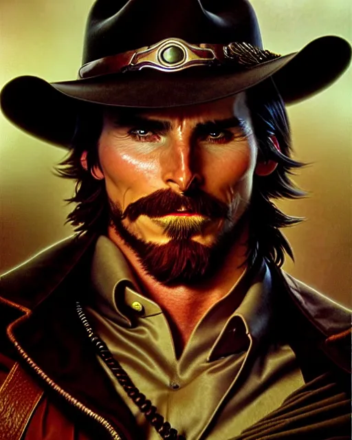 Image similar to christian bale as mccree from overwatch, character portrait, portrait, close up, highly detailed, intricate detail, amazing detail, sharp focus, vintage fantasy art, vintage sci - fi art, radiant light, caustics, by boris vallejo