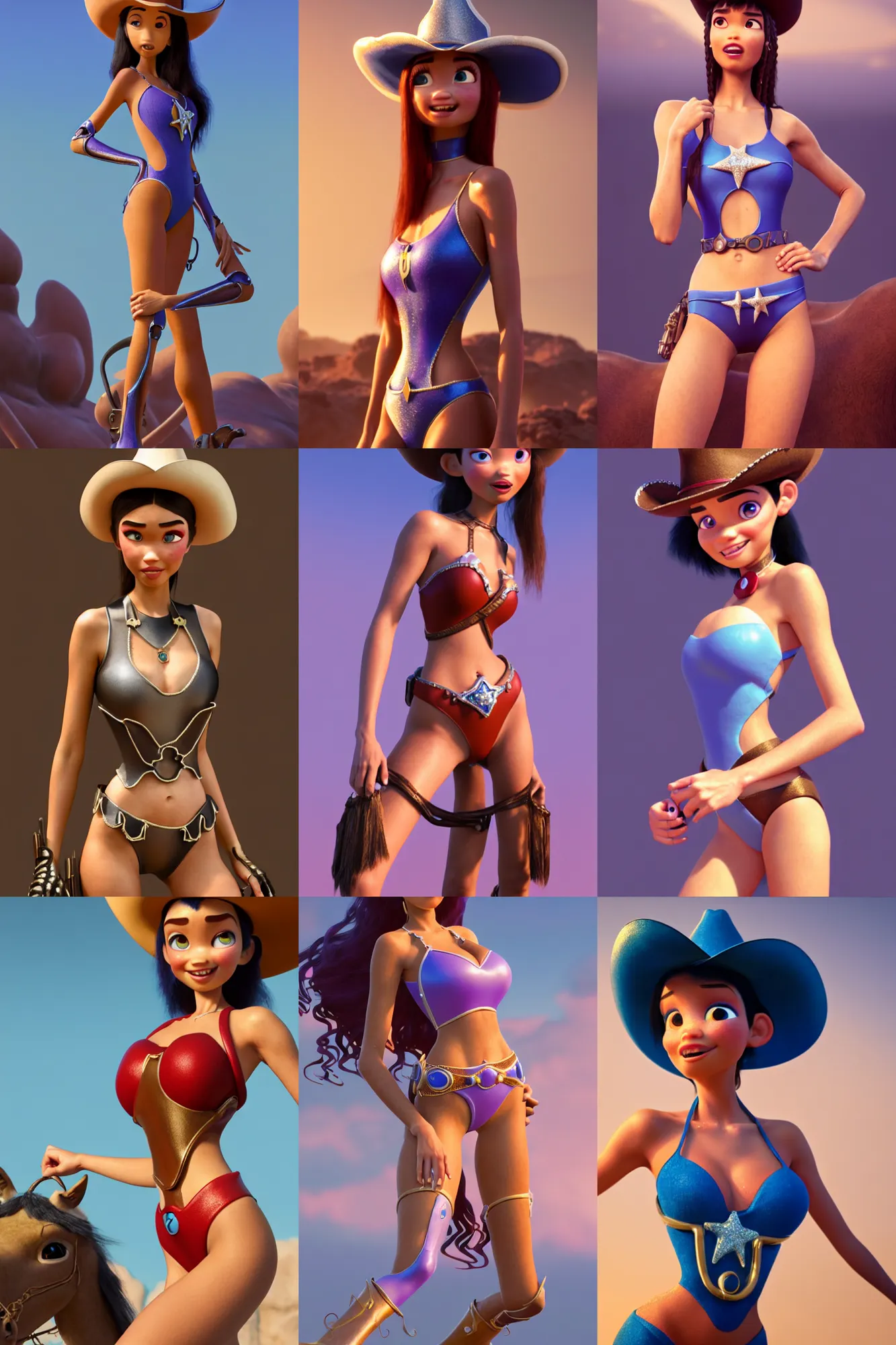 Prompt: pixar woman madison beer cowgirl, sweaty | jewelry | glamorous oily soft polished rich ornate enticing flirty modern | weta disney pixar movie still photo | hi - fructose, sci fi fantasy, smooth, octane render, sharp focus, artstation, monokini, concept art | artgerm, mucha, rutkowski, feng zhu, wlop, loish |