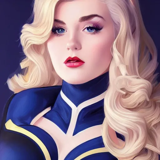Prompt: a beautiful pin - up portrait of a beautiful cute superhero woman, blonde hair, matte navy - blue bodysuit, white cape, intricate, elegant, 8 k, highly detailed, digital painting, concept art, smooth, sharp focus, illustration, anime, artgerm and loish and wlop and alphonse mucha