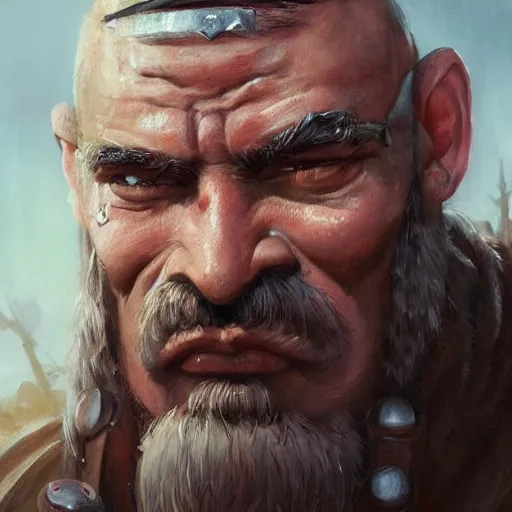 Image similar to portrait old barbarian warrior with face tattoo and trucker mustache, 8 k, trending on art station, by tooth wu and greg rutkowski