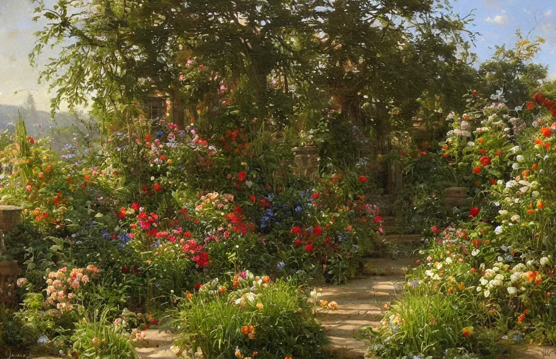 Prompt: gnarly jan van der heyden garden idyll embellishments painting by james gurney