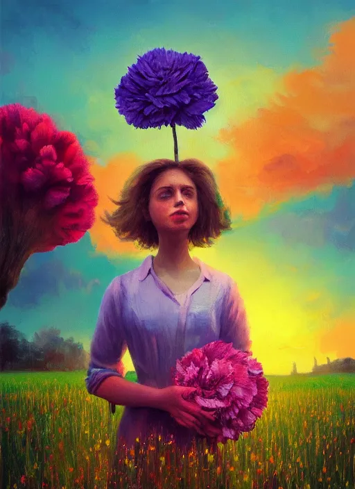 Image similar to woman with a giant carnation as a face, flower field, surreal photography, sunset dramatic light, impressionist painting, colorful clouds, blue sky, digital painting, artstation, simon stalenhag