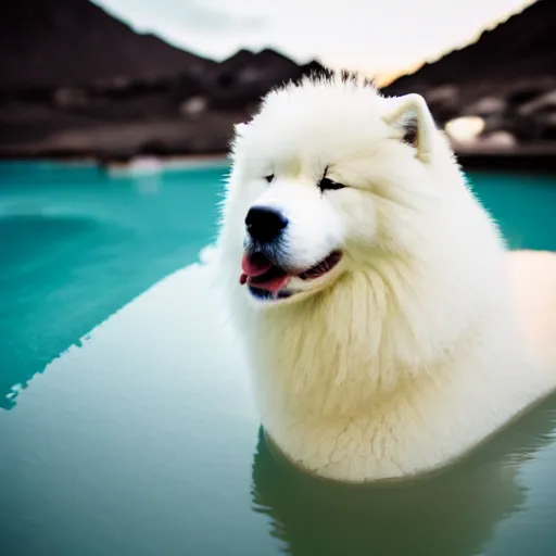 Image similar to beautiful photograph of samoyed dog taking a bath in a pool full of lava, professional photography, sigma 5 6 mm f 8