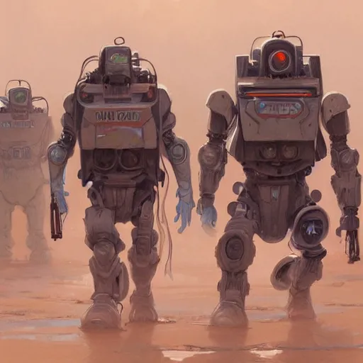 Image similar to two robot ghostbusters in power armor walking in a sand covered street, post apocalyse, ruined subdivision houses, Sci Fi, intricate, elegant, highly detailed, digital painting, artstation, concept art, matte, sharp focus, illustration, art by Greg Rutkowski and Alphonse Mucha