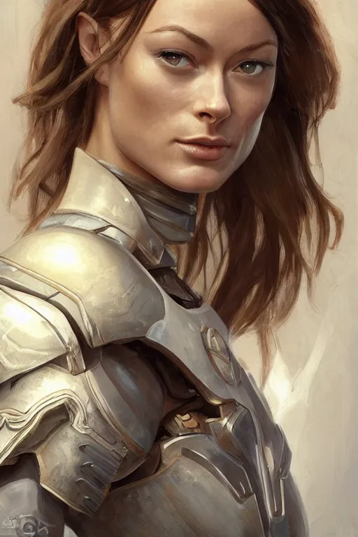 Image similar to a professional painting of a young Olivia Wilde, clothes in military armor, olive skin, long dark hair, beautiful bone structure, symmetrical facial features, intricate, elegant, digital painting, concept art, smooth, sharp focus, illustration, from StarCraft by Ruan Jia and Mandy Jurgens and Artgerm and William-Adolphe Bouguerea