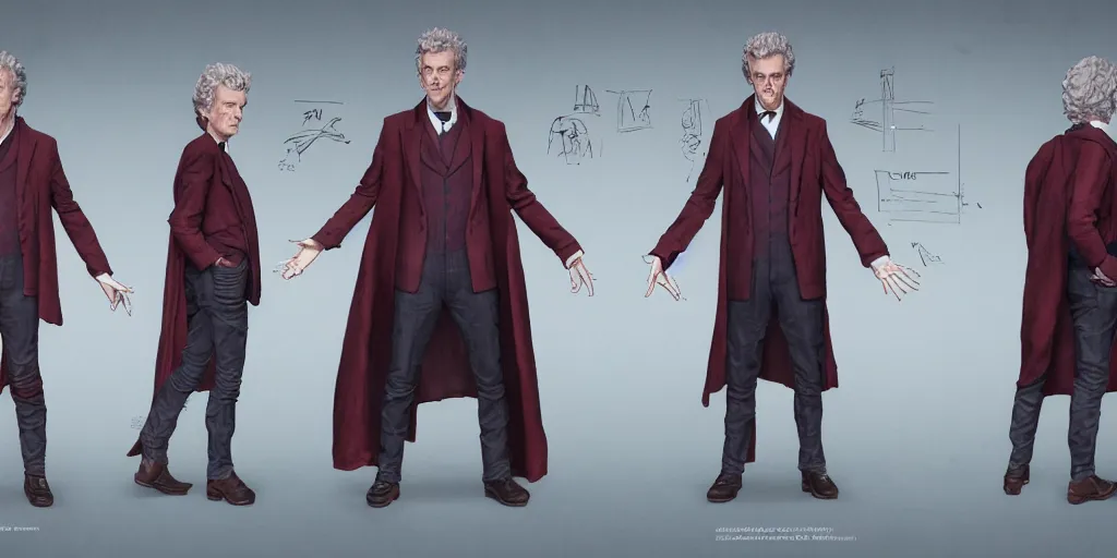 Image similar to peter capaldi as doctor who, character sheet, concept design, contrast, hot toys, kim jung gi, greg rutkowski, zabrocki, karlkka, jayison devadas, trending on artstation, 8 k, ultra wide angle, pincushion lens effect